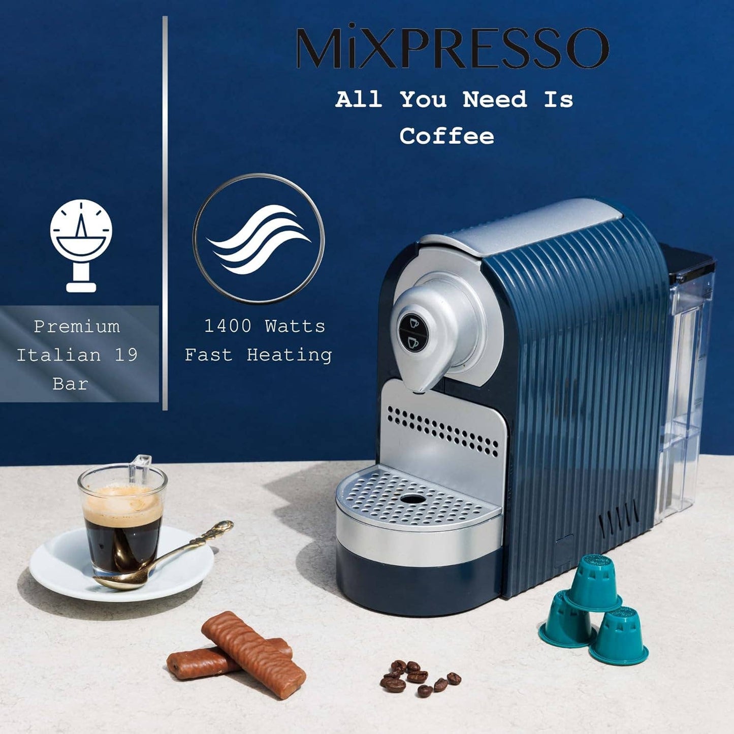 Mixpresso Espresso Machine for Nespresso Compatible Capsule, Programmable Buttons for Espresso and Lungo, 27oz 1400W