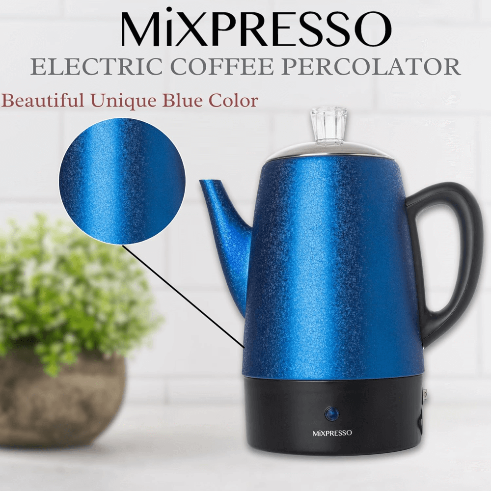 Mixpresso Percolator Coffee Pot Electric 10 Cup, Stainless Steel Coffee Maker, Coffee Percolator Electric With Keep Warm Function, 10 Cups Stainless Steel Perculator With Basket (Shiny Blue)