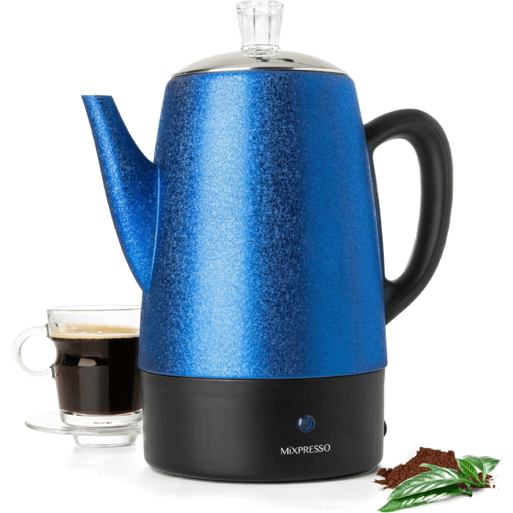 Mixpresso Percolator Coffee Pot Electric 10 Cup, Stainless Steel Coffee Maker, Coffee Percolator Electric With Keep Warm Function, 10 Cups Stainless Steel Perculator With Basket (Shiny Blue)