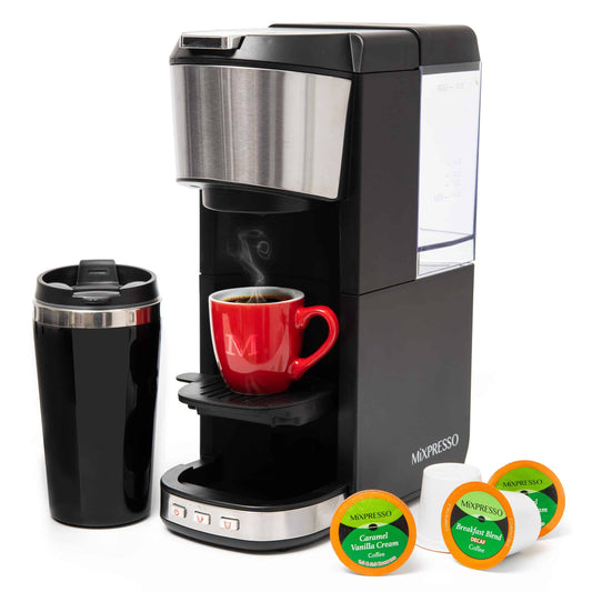 Mixpresso Coffee Maker Single Serve For Ground Coffee & Compatible With K Cup Pods, With 14oz Travel Mug & Reusable Filter For Home, Office & Camping, 30oz Removable Water Tank.